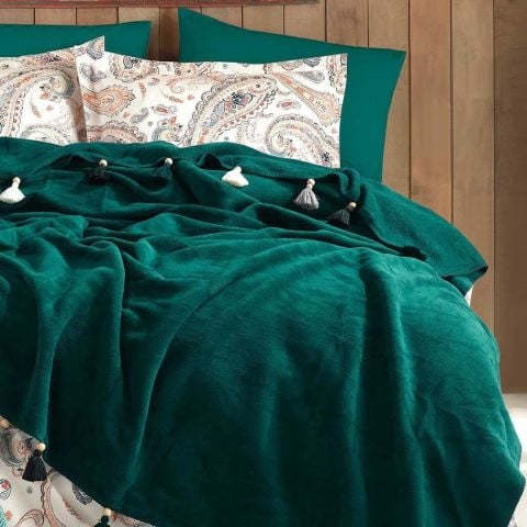 İyi Geceler İstanbul Boho Chic Çift Kişilik Battaniye & Nevresim Seti Haki Yeşil