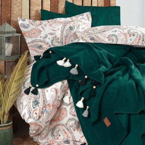 İyi Geceler İstanbul Boho Chic Çift Kişilik Battaniye & Nevresim Seti Haki Yeşil