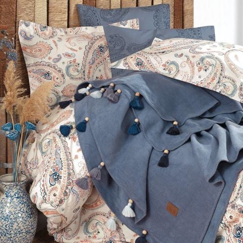İyi Geceler İstanbul Boho Chic Çift Kişilik Battaniye & Nevresim Seti Mavi