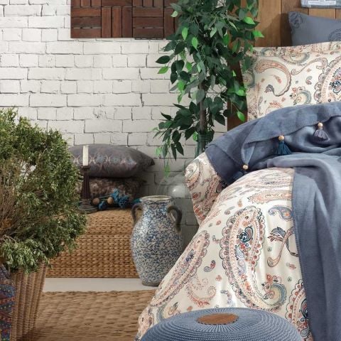 İyi Geceler İstanbul Boho Chic Çift Kişilik Battaniye & Nevresim Seti Mavi