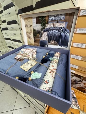 İyi Geceler İstanbul Boho Chic Çift Kişilik Battaniye & Nevresim Seti Mavi