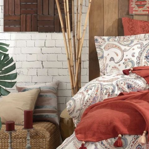 İyi Geceler İstanbul Boho Chic Çift Kişilik Battaniye & Nevresim Seti Kiremit