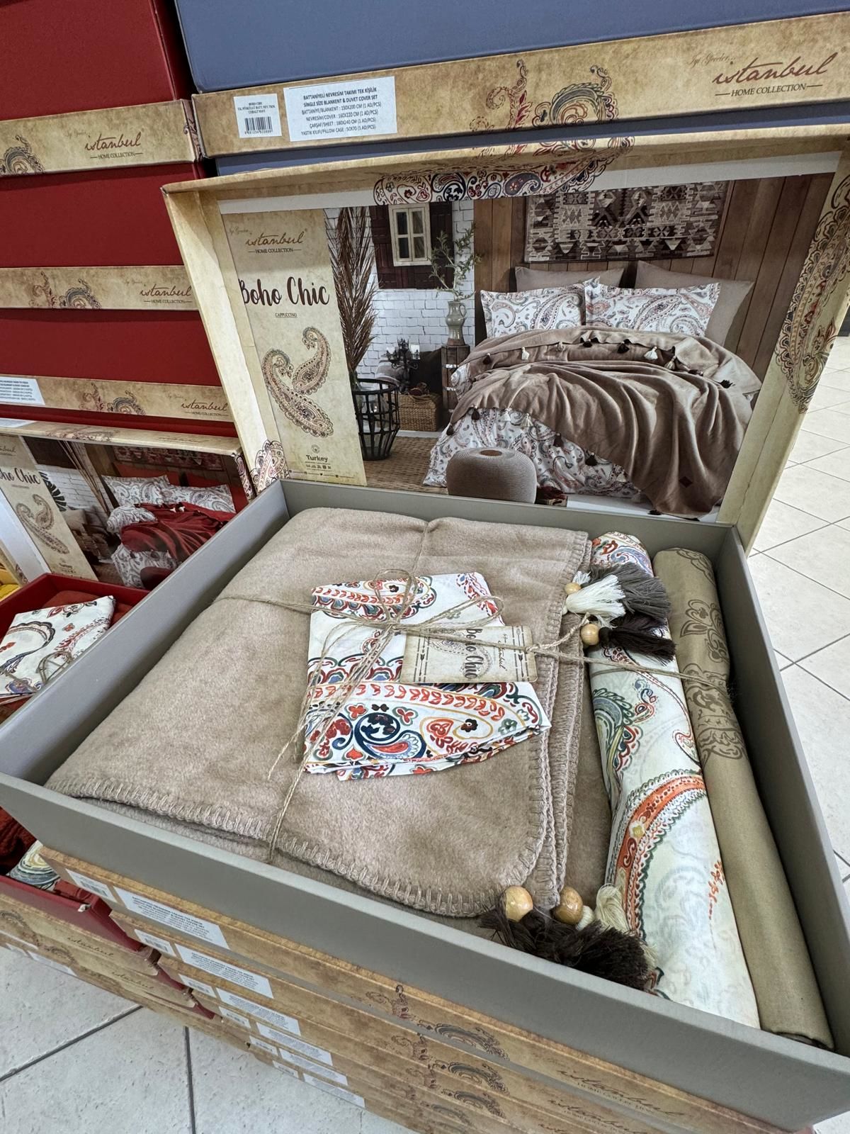 İyi Geceler İstanbul Boho Chic Çift Kişilik Battaniye & Nevresim Seti Sütlü Kahve