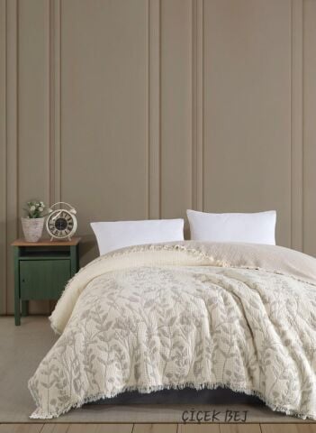 İgi Battal Boy Jakarlı 6 kat Müslin Organik Yatak Örtüsü Çiçek Bej