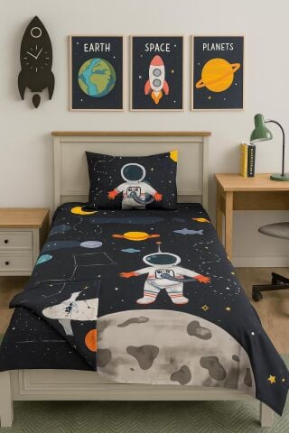 Marka Outlet Tek kişilik Nevresim Takımı (Lastikli Çarşaflı)  Astronot