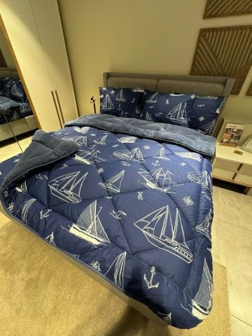 Çift Kişilik Welsoft Pufidik Uyku Seti Lacivert Marine (Lastikli Çarşaflı)