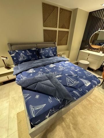 Çift Kişilik Welsoft Pufidik Uyku Seti Lacivert Marine (Lastikli Çarşaflı)