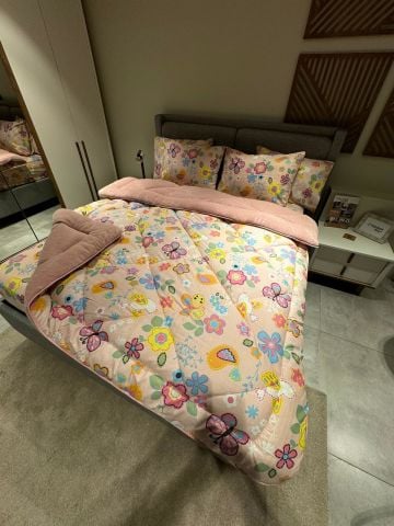 Çift Kişilik Welsoft Pufidik Uyku Seti Pudra Flower (Lastikli Çarşaflı)