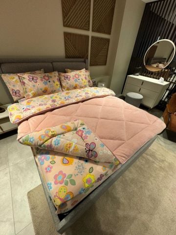 Çift Kişilik Welsoft Pufidik Uyku Seti Pudra Flower (Lastikli Çarşaflı)