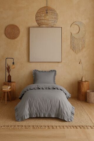 Tek Kişilik Fırfırlı Nevresim Takımı Prıvate ( Lastikli Çarşaflı ) Gri