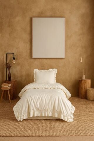 Tek Kişilik Fırfırlı Nevresim Takımı Prıvate ( Lastikli Çarşaflı ) Krem