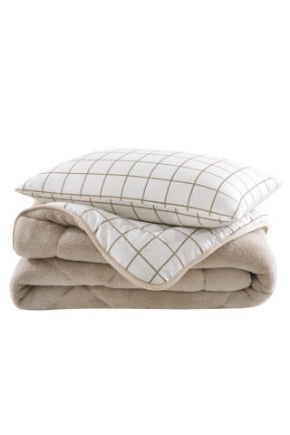 Tekstil Diyarı Tek Kişilik Çift Taraflı Welsoft Yorgan Bej Kare