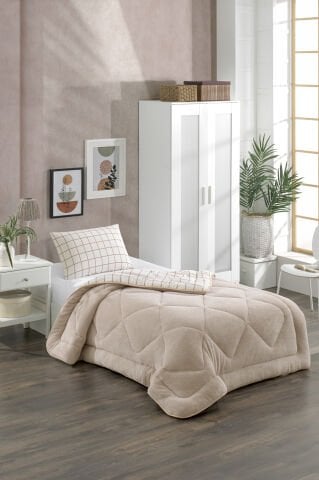 Tekstil Diyarı Tek Kişilik Çift Taraflı Welsoft Yorgan Bej Kare