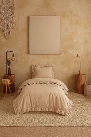 Tek Kişilik Fırfırlı Nevresim Takımı Prıvate ( Lastikli Çarşaflı ) Bej