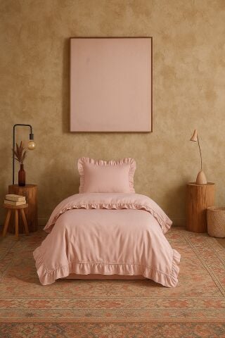 Tek Kişilik Fırfırlı Nevresim Takımı Prıvate ( Lastikli Çarşaflı ) Pudra