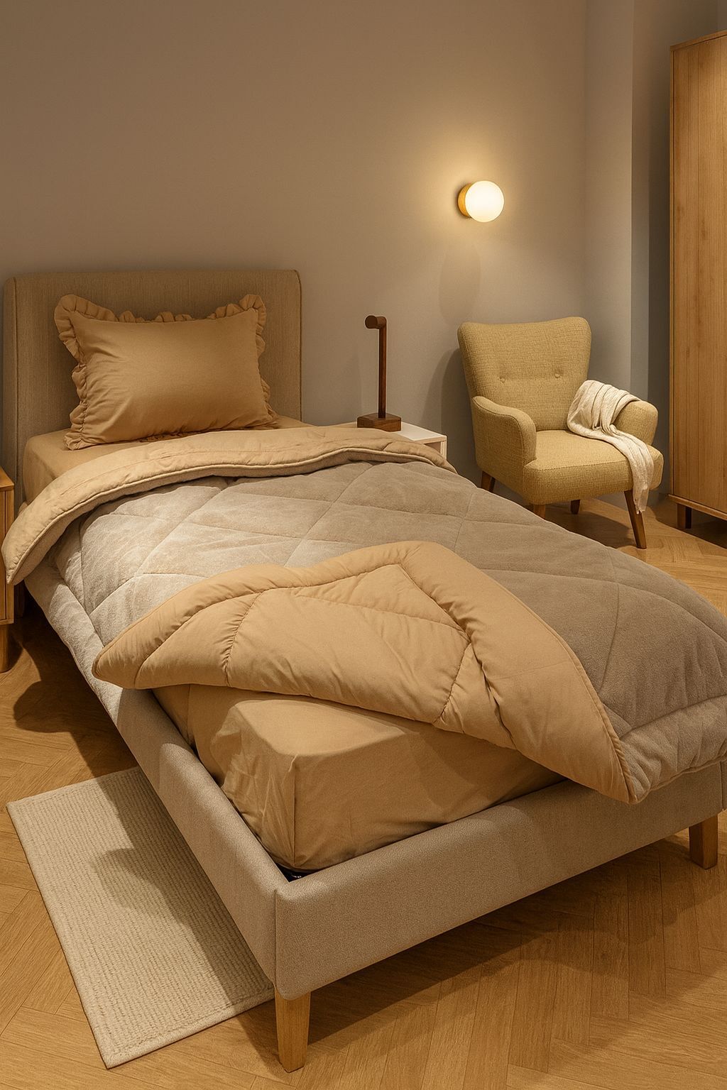 Tek Kişilik Fırfırlı  Welsoft Pufidik Uyku Seti Private Bej