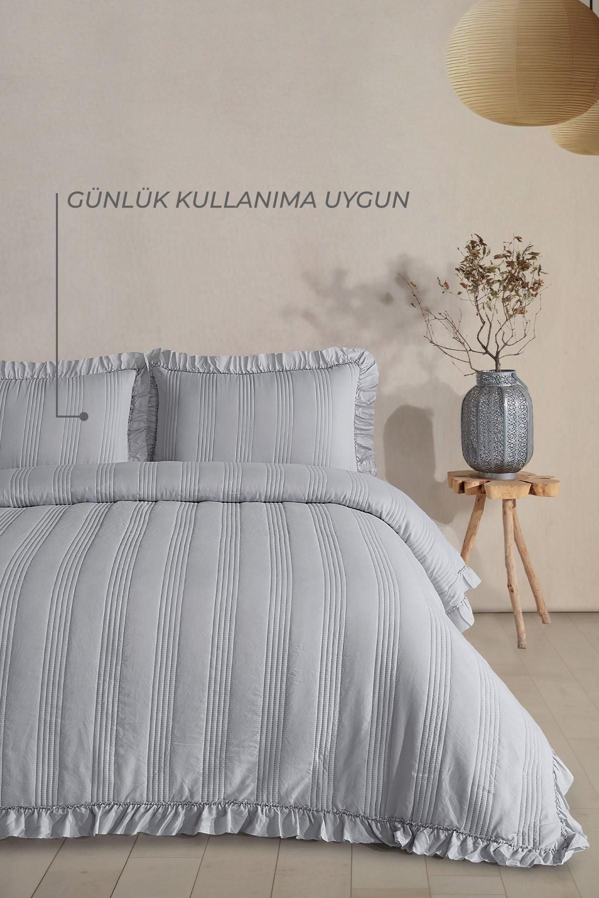 Puffy Özel Seri Yatak Örtüsü Battal Boy Fırfırlı  Gri