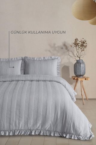 Puffy Özel Seri Yatak Örtüsü Battal Boy Fırfırlı  Gri