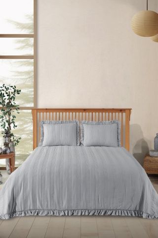 Puffy Özel Seri Yatak Örtüsü Battal Boy Fırfırlı  Gri