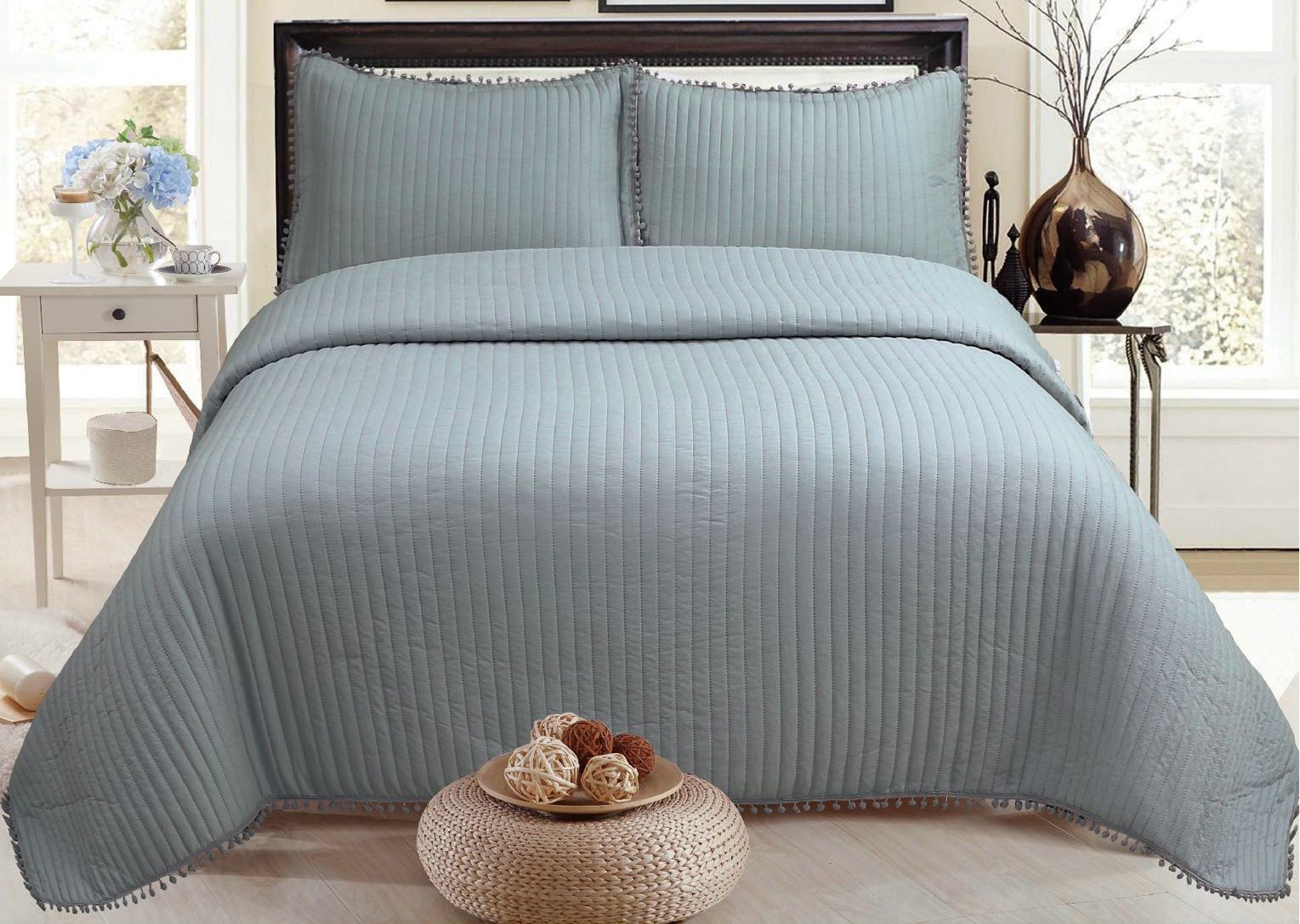 Puffy Özel Seri Yatak Örtüsü Battal Boy Ponponlu Antrasit