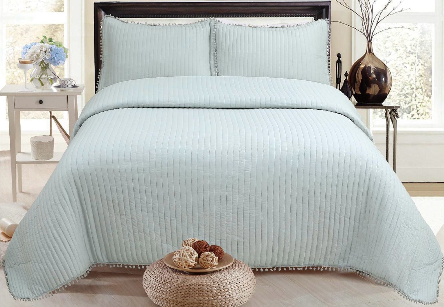 Puffy Özel Seri Yatak Örtüsü Battal Boy Ponponlu Gri