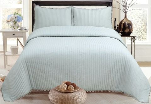 Puffy Özel Seri Yatak Örtüsü Battal Boy Ponponlu Gri