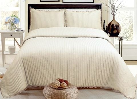 Puffy Özel Seri Yatak Örtüsü Battal Boy Ponponlu Cappicuno