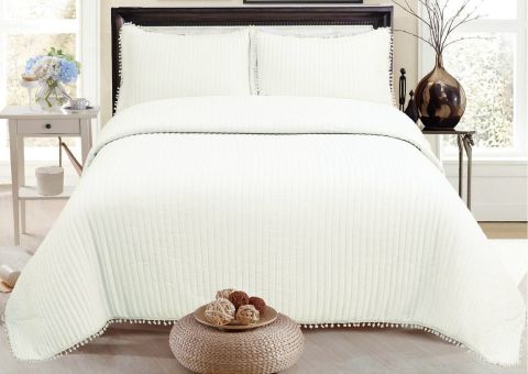 Puffy Özel Seri Yatak Örtüsü Tek Kişilik Ponponlu Ekru