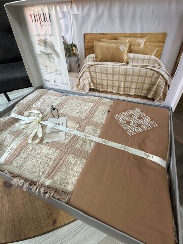 Battal Boy Müslin Yatak Örtüsü Seti %100 Pamuk Carelia Bej