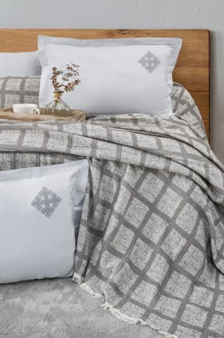 Battal Boy Müslin Yatak Örtüsü Seti %100 Pamuk Edna Gri