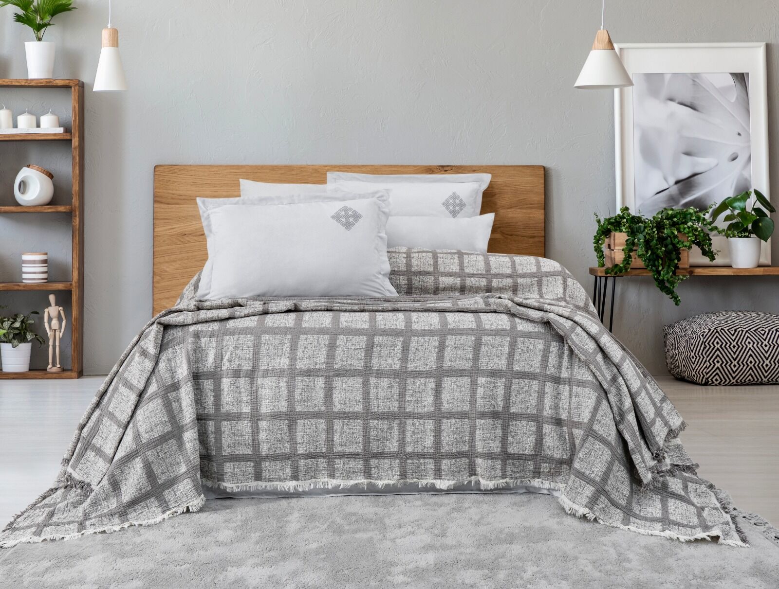 Battal Boy Müslin Yatak Örtüsü Seti %100 Pamuk Edna Gri