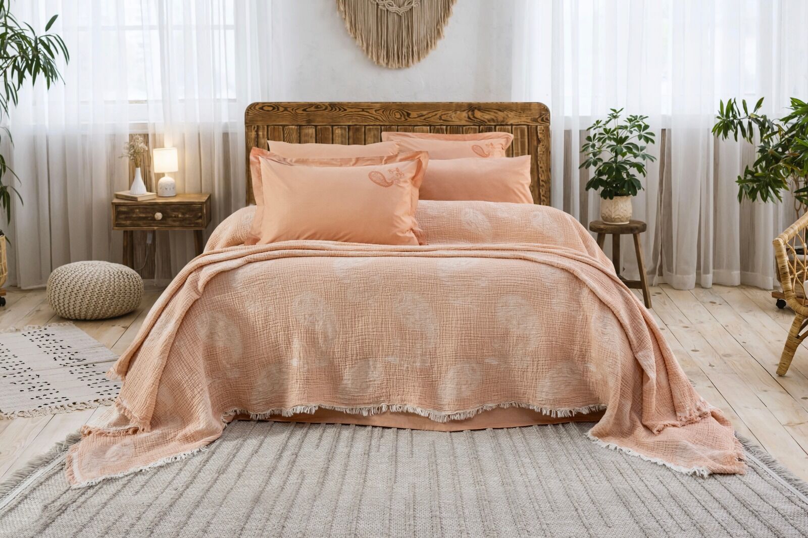 Battal Boy Müslin Yatak Örtüsü Seti %100 Pamuk Edna Somon