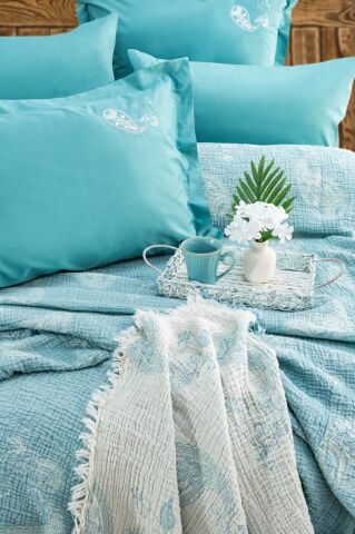 Battal Boy Müslin Yatak Örtüsü Seti %100 Pamuk Edna Turkuaz