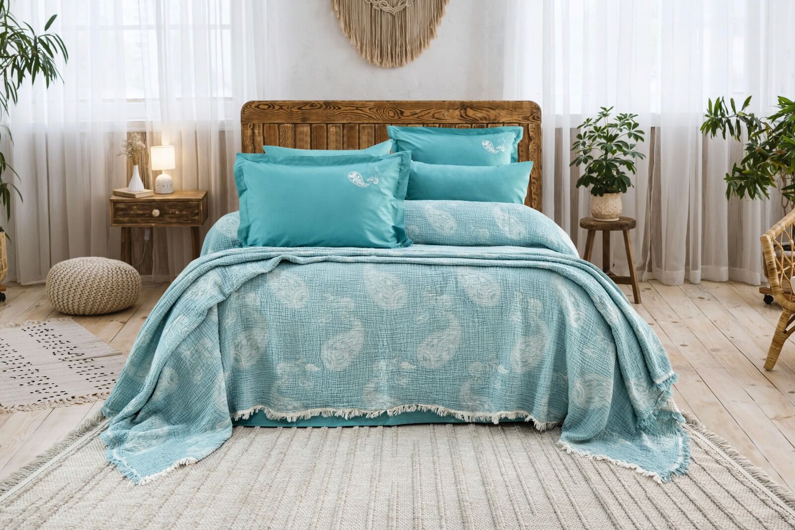 Battal Boy Müslin Yatak Örtüsü Seti %100 Pamuk Edna Turkuaz