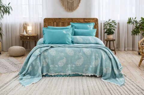 Battal Boy Müslin Yatak Örtüsü Seti %100 Pamuk Edna Turkuaz