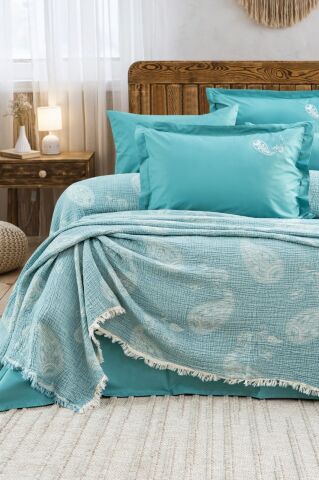 Battal Boy Müslin Yatak Örtüsü Seti %100 Pamuk Edna Turkuaz