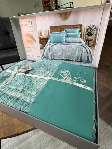 Battal Boy Müslin Yatak Örtüsü Seti %100 Pamuk Edna Turkuaz