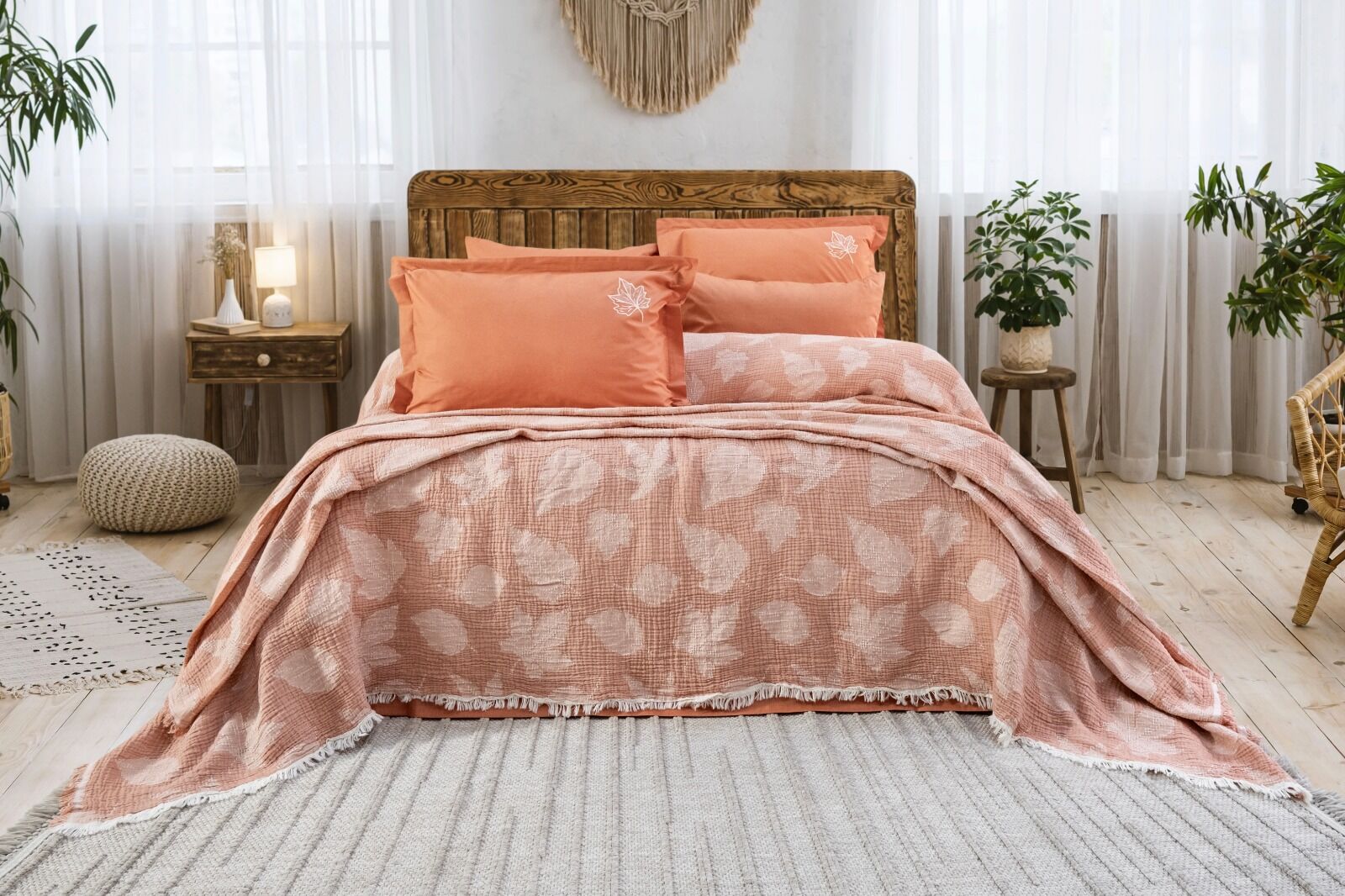 Battal Boy Müslin Yatak Örtüsü Seti %100 Pamuk Floya Kiremit