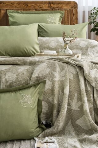 Battal Boy Müslin Yatak Örtüsü Seti %100 Pamuk Floya Yeşil