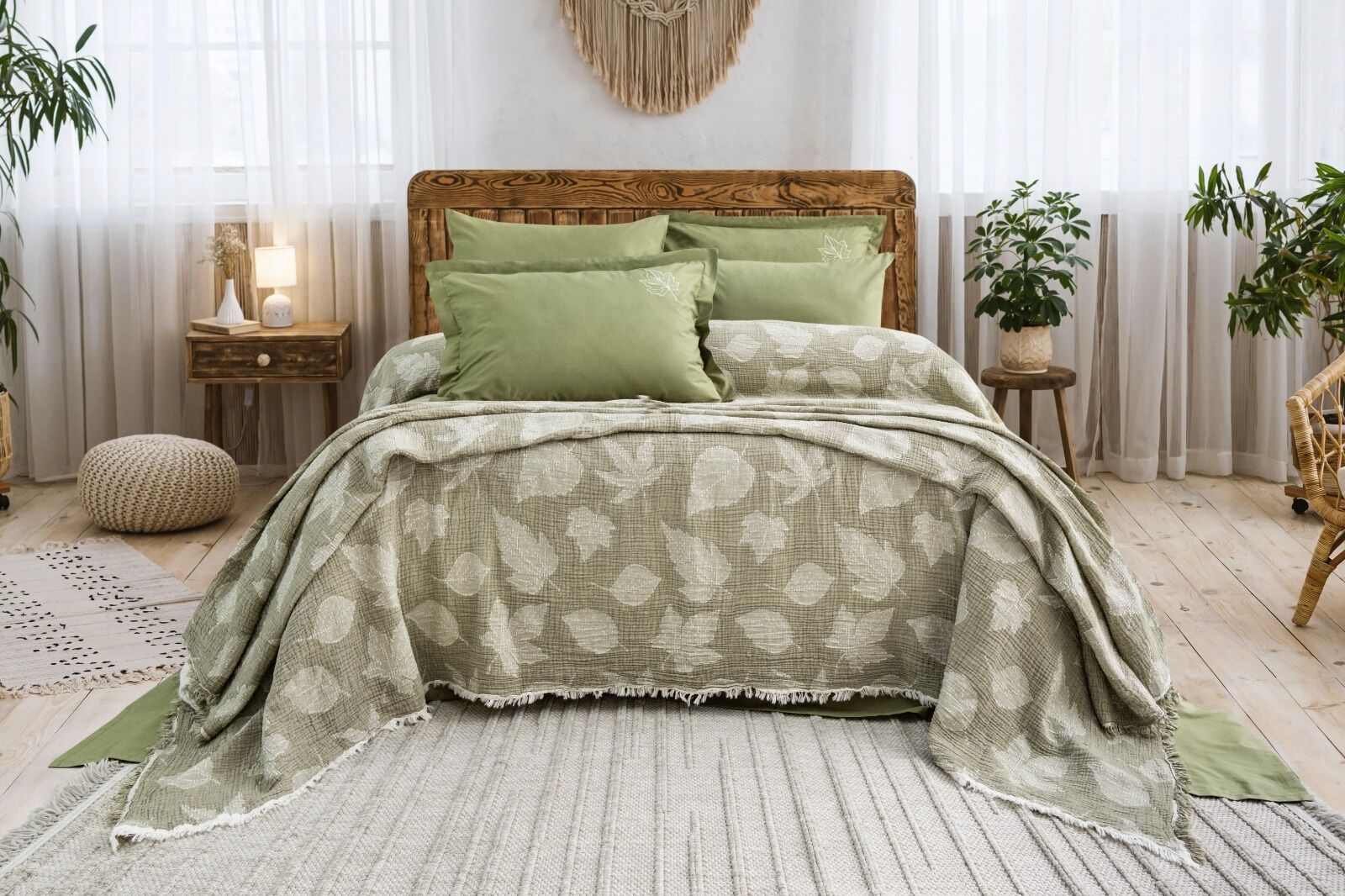 Battal Boy Müslin Yatak Örtüsü Seti %100 Pamuk Floya Yeşil