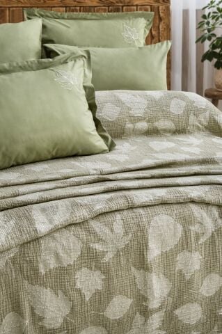 Battal Boy Müslin Yatak Örtüsü Seti %100 Pamuk Floya Yeşil