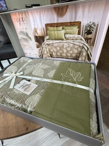 Battal Boy Müslin Yatak Örtüsü Seti %100 Pamuk Floya Yeşil