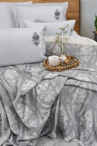 Battal Boy Müslin Yatak Örtüsü Seti %100 Pamuk Rustic Gri