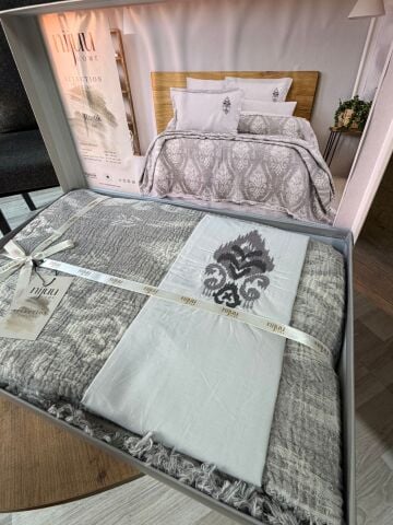 Battal Boy Müslin Yatak Örtüsü Seti %100 Pamuk Rustic Gri