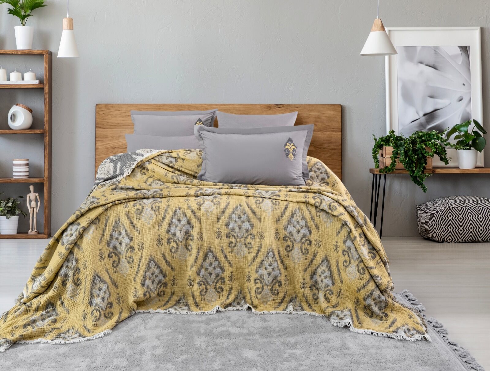 Battal Boy Müslin Yatak Örtüsü Seti %100 Pamuk Rustic Hardal