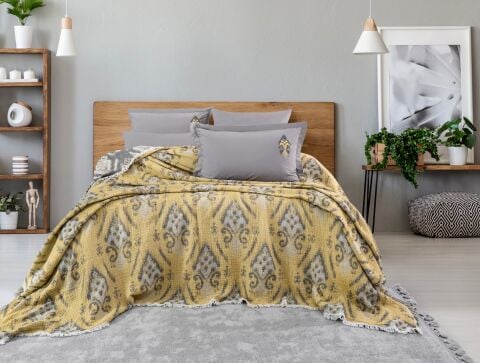 Battal Boy Müslin Yatak Örtüsü Seti %100 Pamuk Rustic Hardal