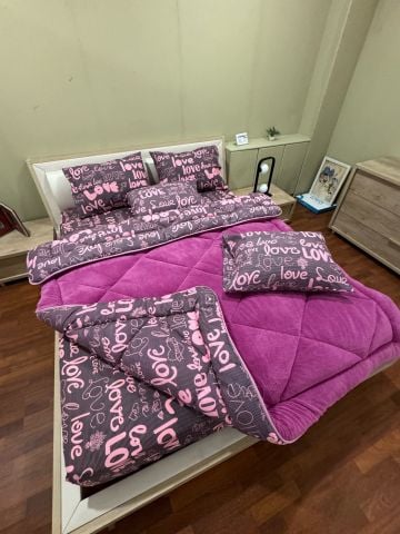 Çift Kişilik Welsoft Pufidik Uyku Seti Mürdüm Love (Lastikli Çarşaflı)