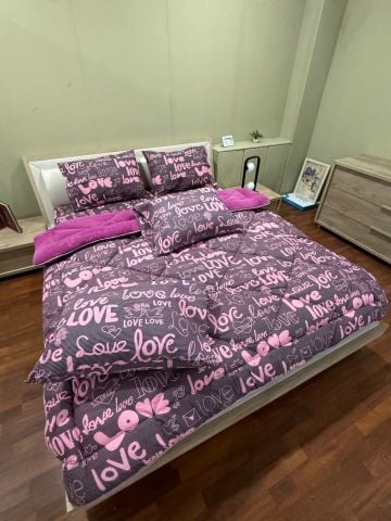 Çift Kişilik Welsoft Pufidik Uyku Seti Mürdüm Love (Lastikli Çarşaflı)