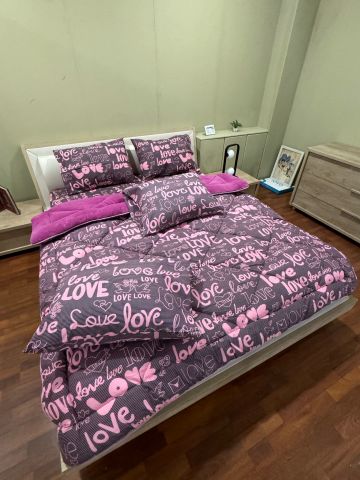 Çift Kişilik Welsoft Pufidik Uyku Seti Mürdüm Love (Lastikli Çarşaflı)