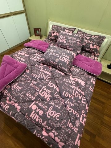 Çift Kişilik Welsoft Pufidik Uyku Seti Mürdüm Love (Lastikli Çarşaflı)